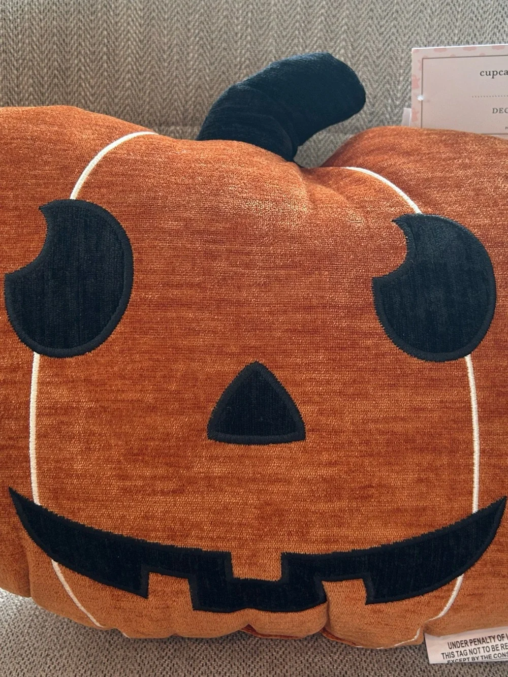 “New” Cupcakes & Cashmere Orange Jack-o-lantern Pillow with Black Stem